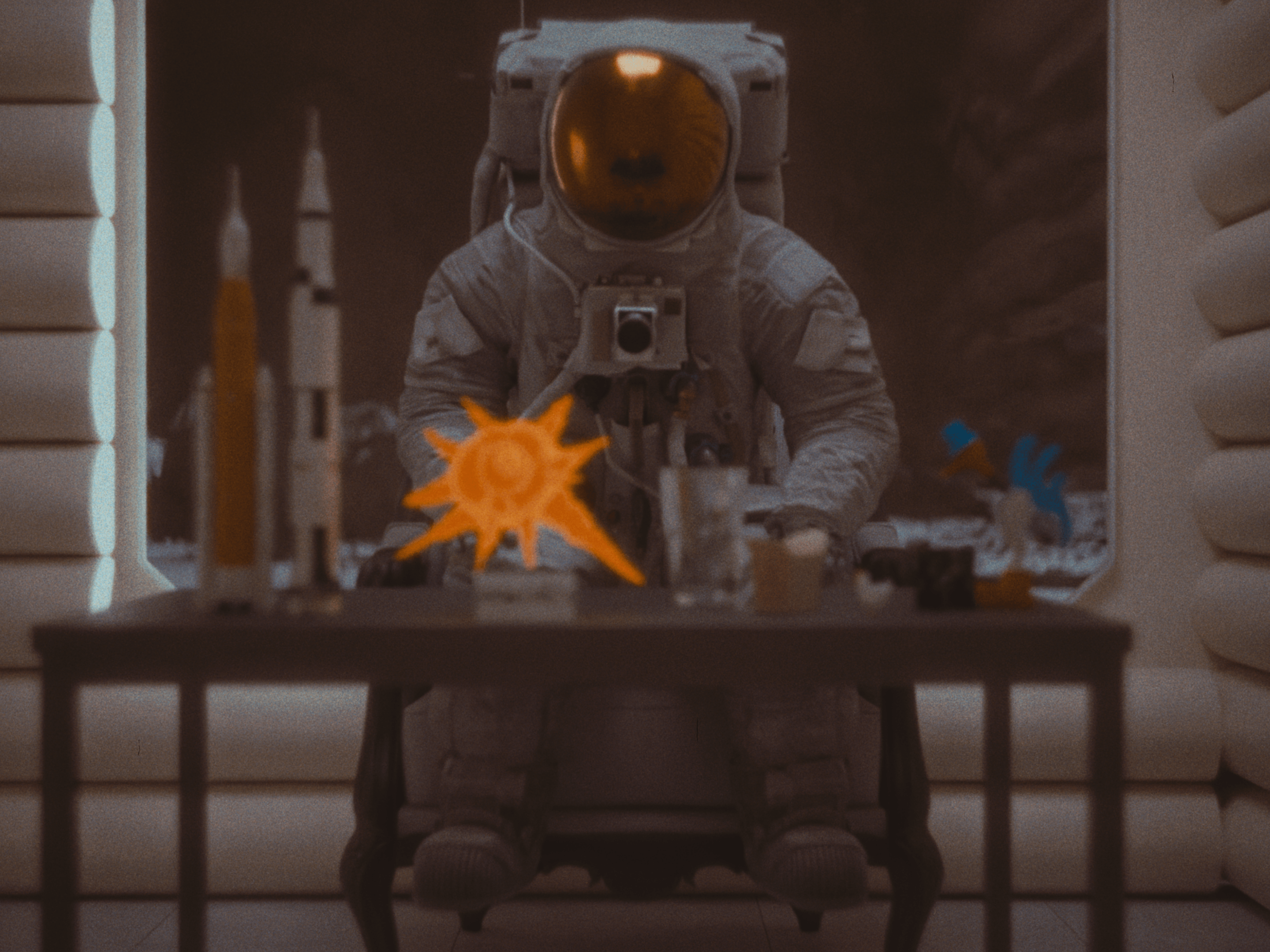 Miss A7L sitting at a desk in a lunar habitat. This is a recurring talking head setup for the documentary.
