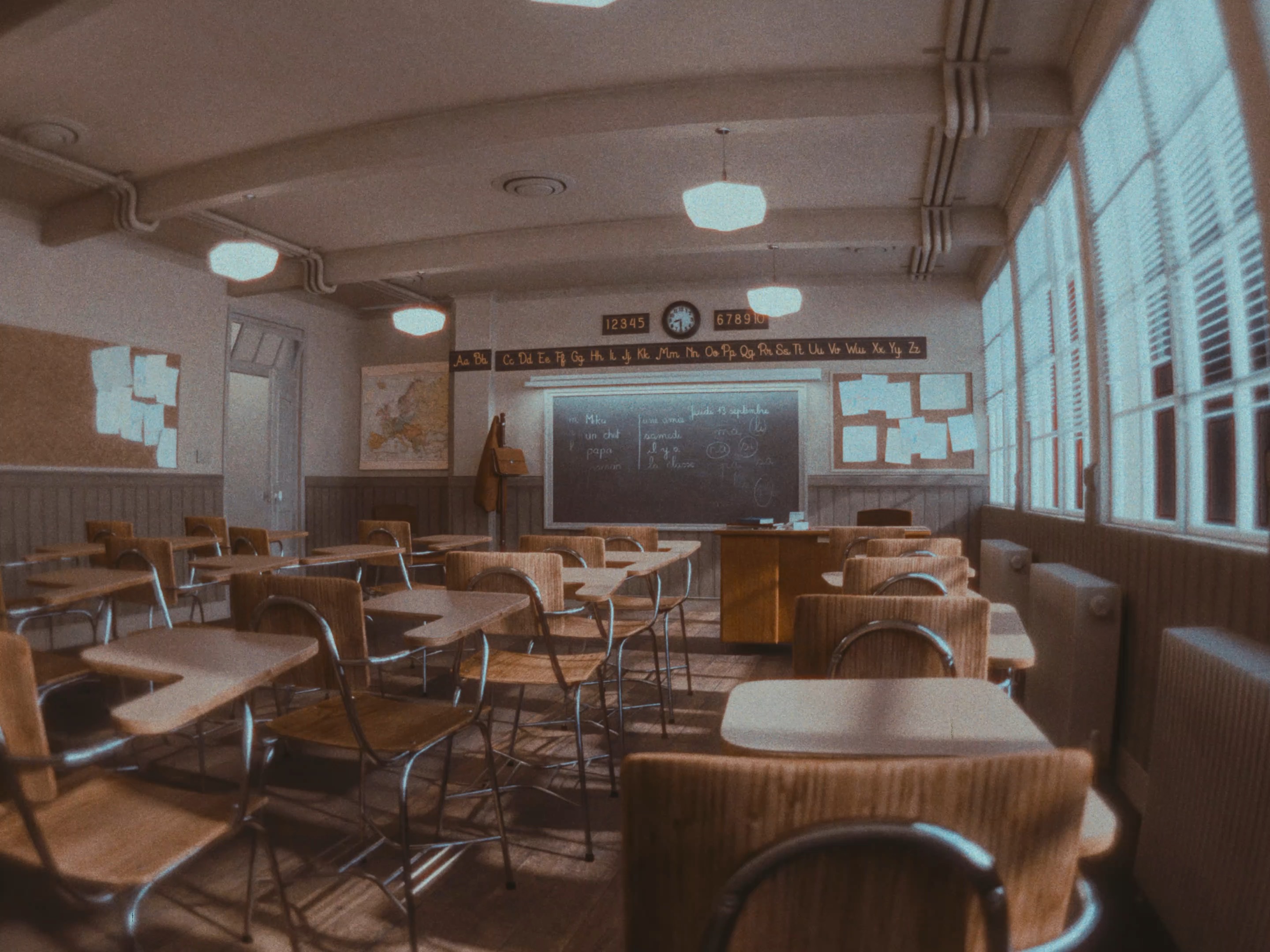 A classroom interior.