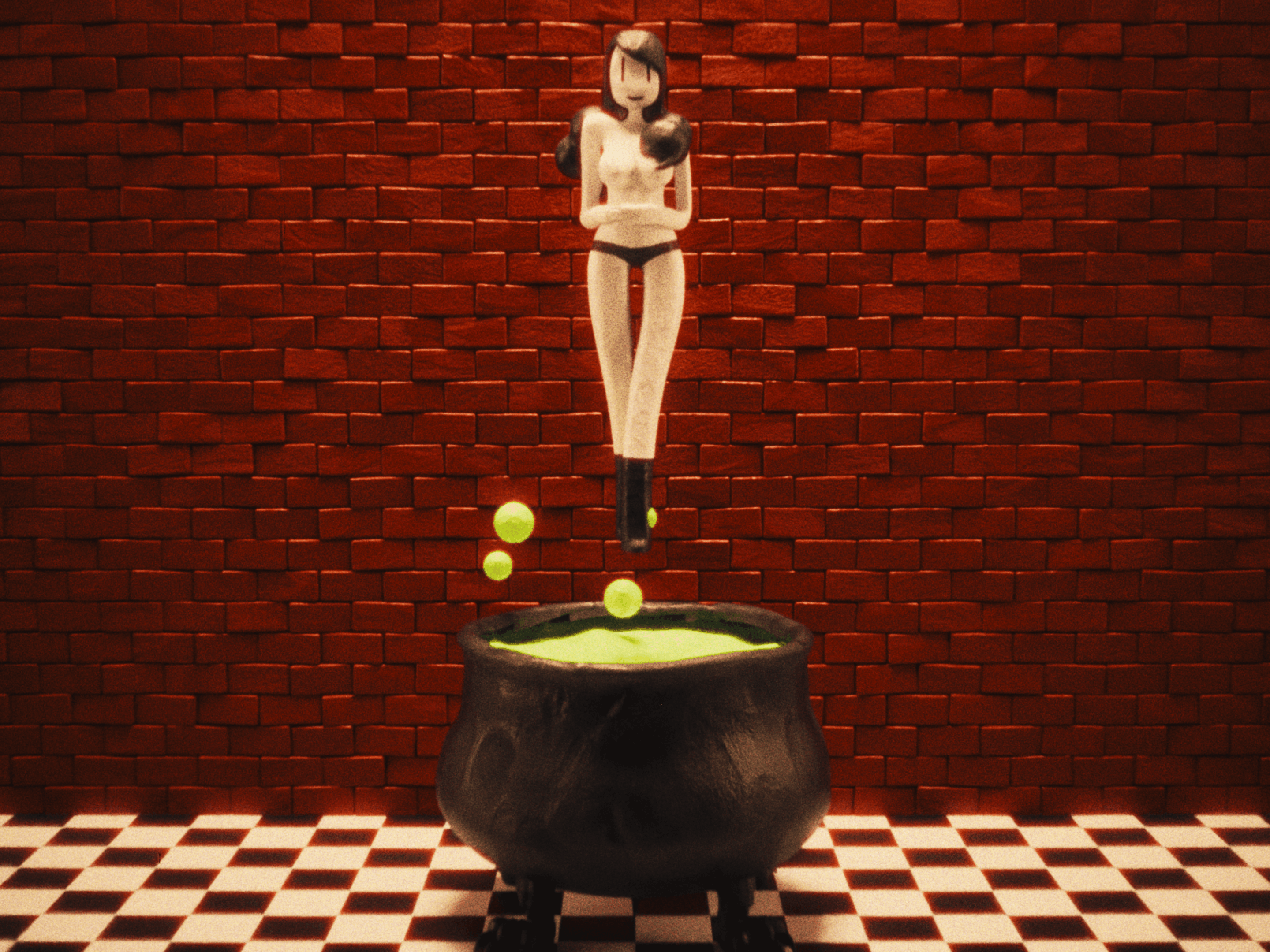 A claymation woman about to be dipped in a cauldron of acid.