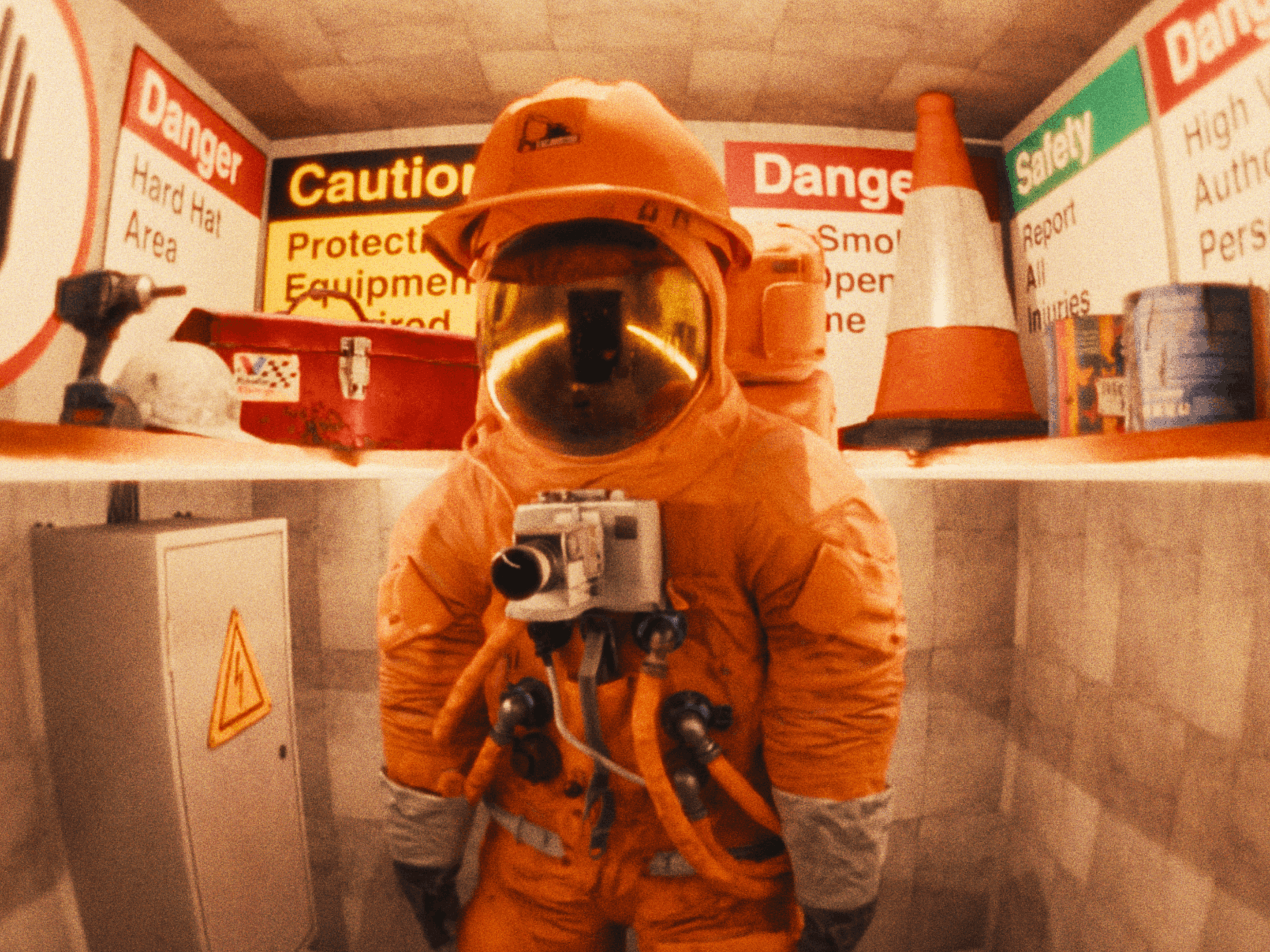 A lunar construction worker in a supply closet.