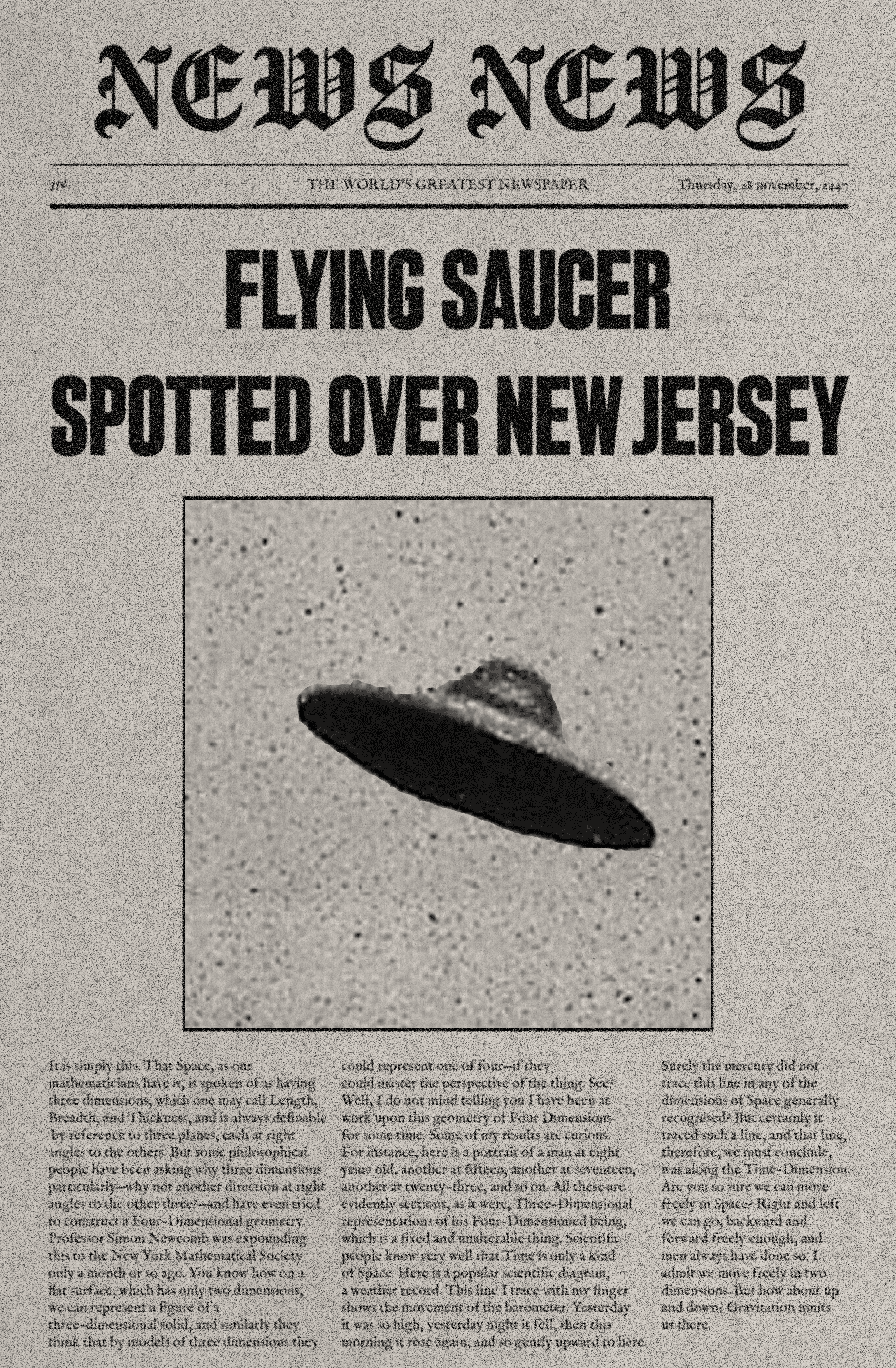 A newspaper headline reading: 'FLYING SAUCER SPOTTED OVER NEW JERSEY'