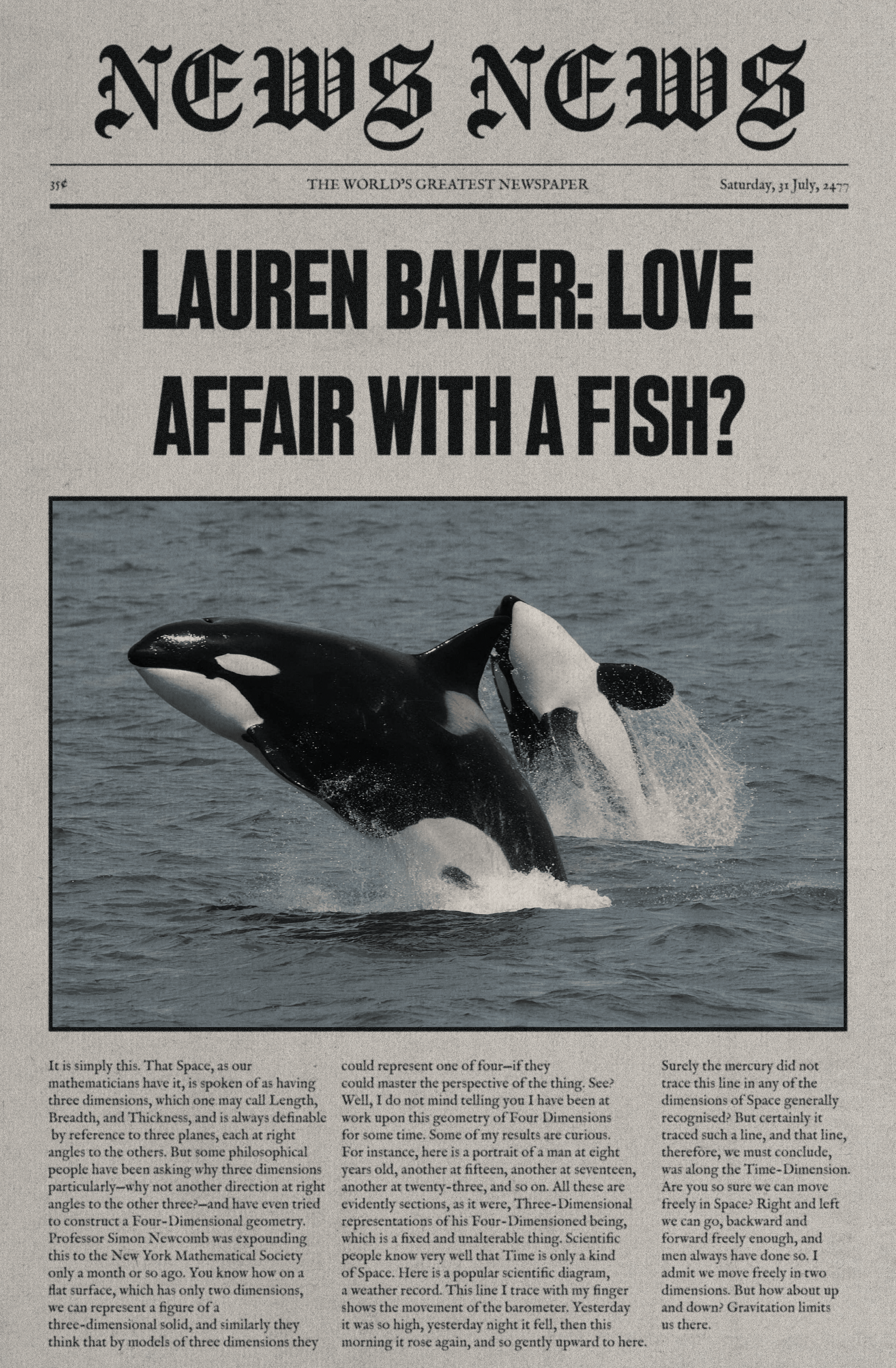 A newspaper headline reading: 'LAUREN BAKER: LOVE AFFAIR WITH A FISH?'