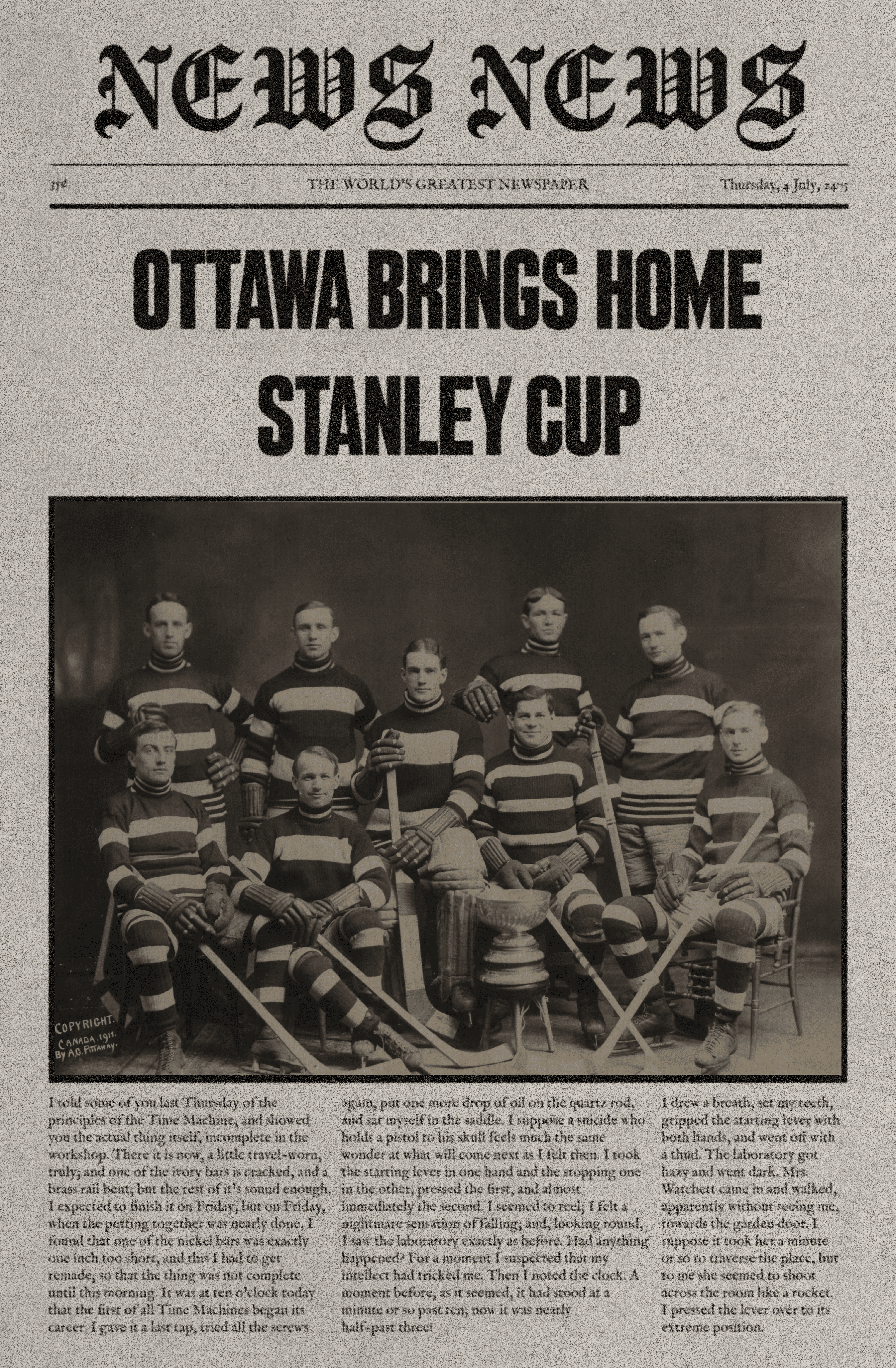 A newspaper headline reading: 'OTTAWA BRINGS HOME STANLEY CUP'