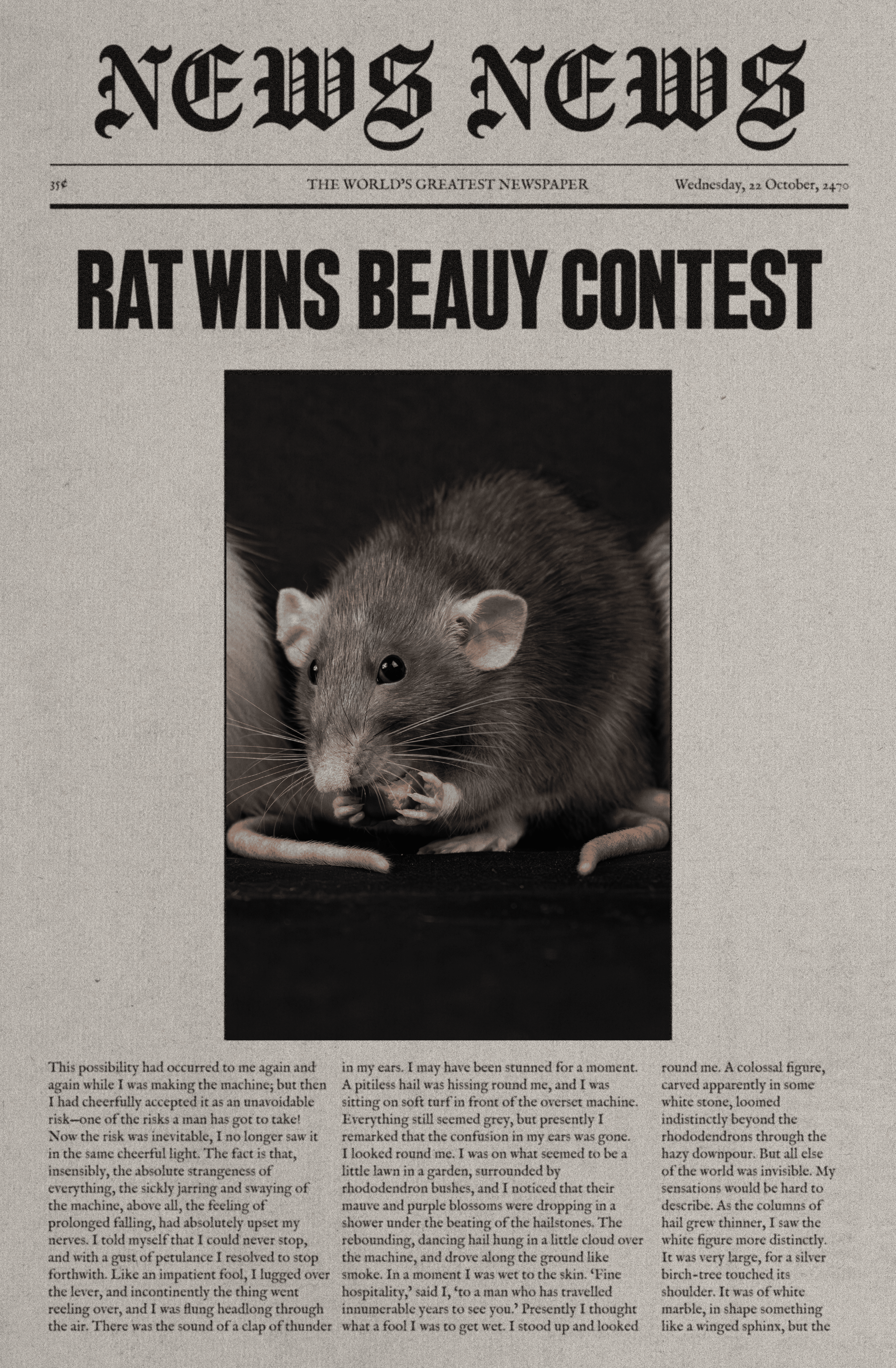 A newspaper headline reading: 'RAT WINS BEAUTY CONTEST'