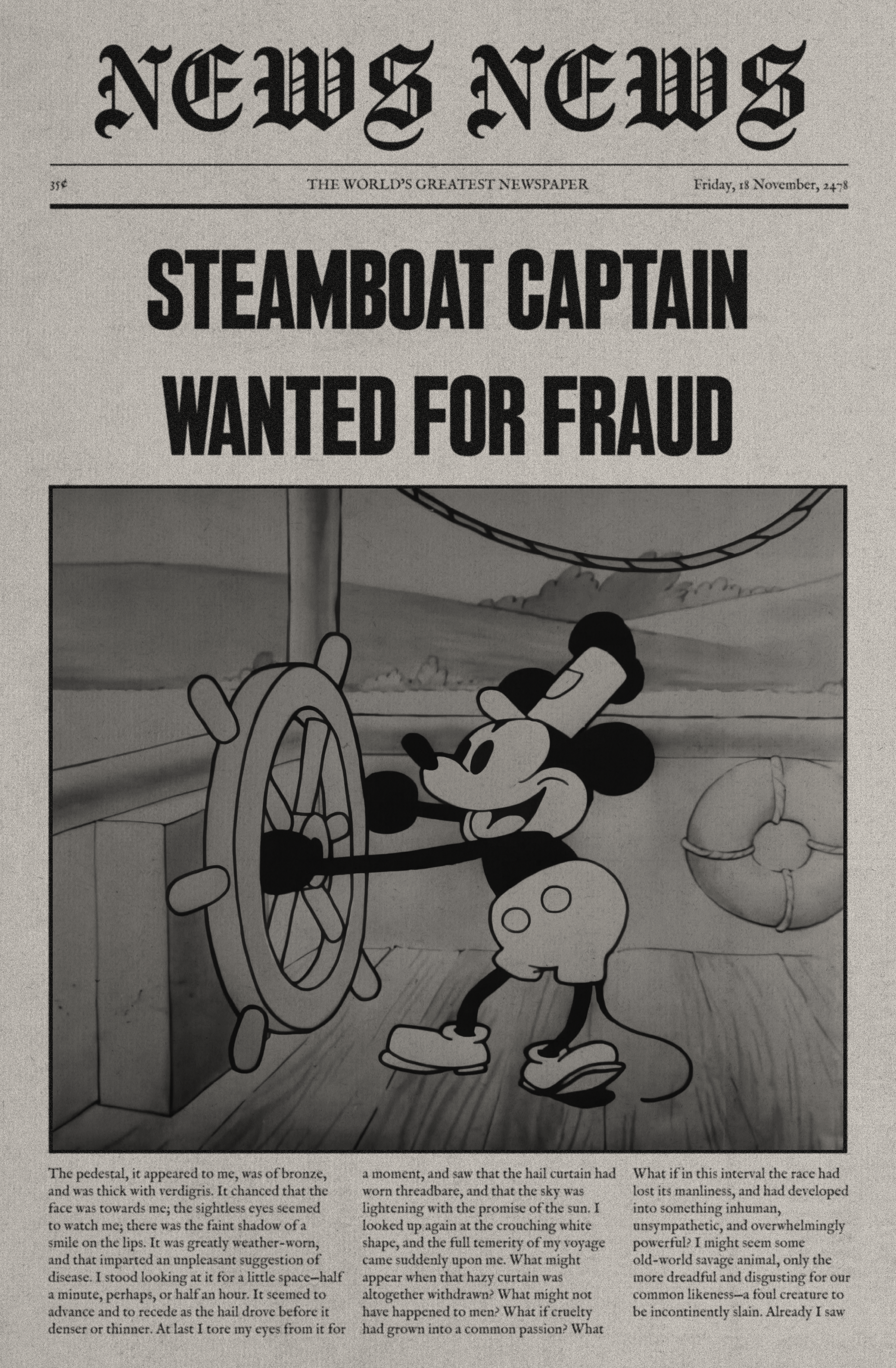 A newspaper headline reading: 'STEAMBOAT CAPTAIN WANTED FOR FRAUD'
